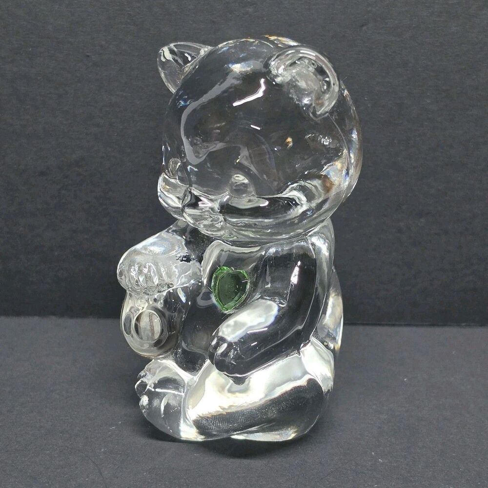 Fenton Art Glass Birthday Clear Teddy Bear August Green Uranium Heart